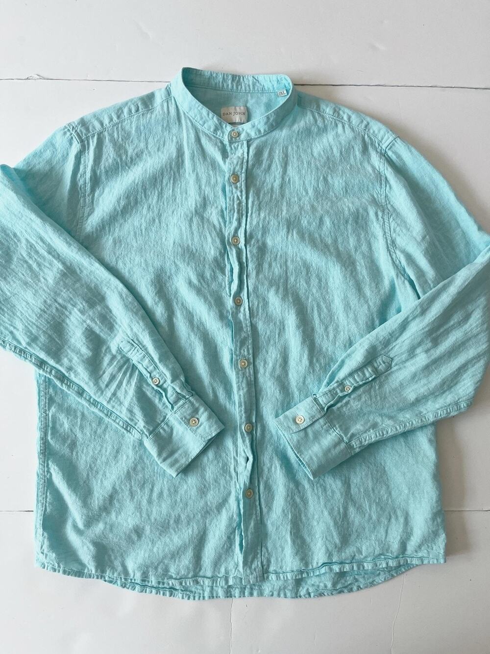 Dan John Shirt Men 2XL Italy Teal Linen Blend Long Sleeve Band Collar Button Up